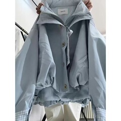 日系复古格子拼接短款外套女学生韩版宽松秋季新款休闲学院风夹克