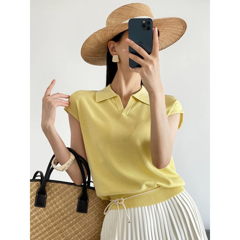 [Girl's High Intelligence] Korean-Style Simple Tencel Wool Polo Collar Knitted T-Shirt for Women, Summer Slim-Fit Sleeveless Top