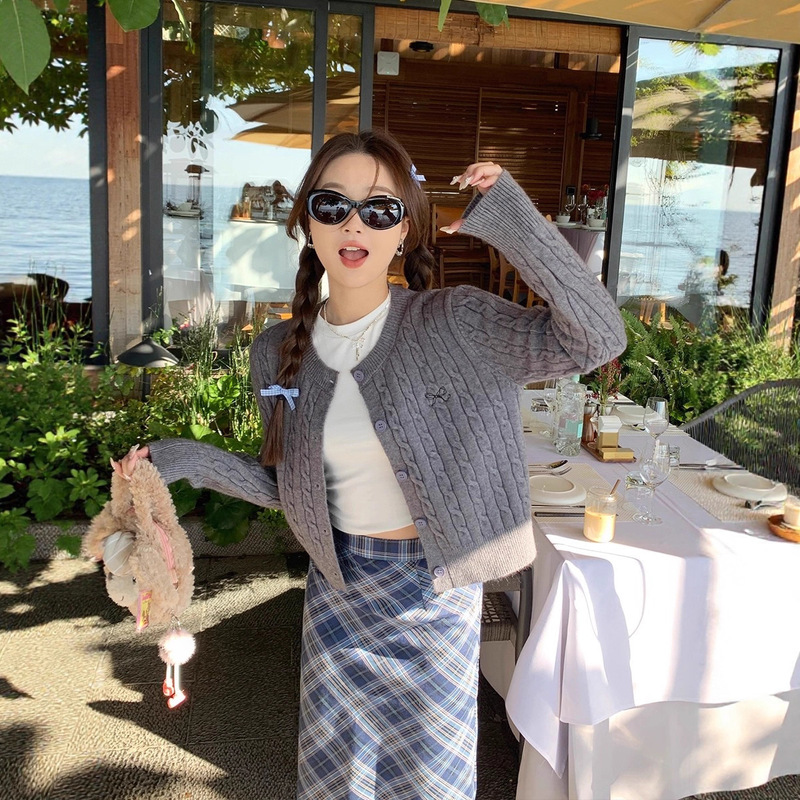Gray Cardigan Sweater Jacket for Women 2025 New Style Bow Embroidered Twist Knitted Early Autumn Top Korean Style Wear