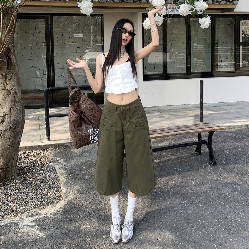 American-Style Military Green Workwear Cropped Jeans for Women, 2026 Summer New Straight Loose High-Waisted Slimming Wide-Leg Pants American-Style Military Green Workwear Cropped Jeans for Women, 2026 Summer New Straight Loose High-Waisted Slimming Wide-Leg Pants
