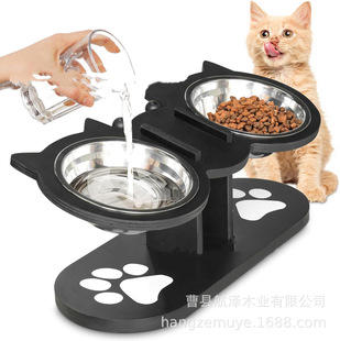 Cross-Border Wooden Pet Bowl Rack Vertical Neck Protection Pet Food Bowl Feeder Removable Dog Drinking Rack Cat Bowl Rack