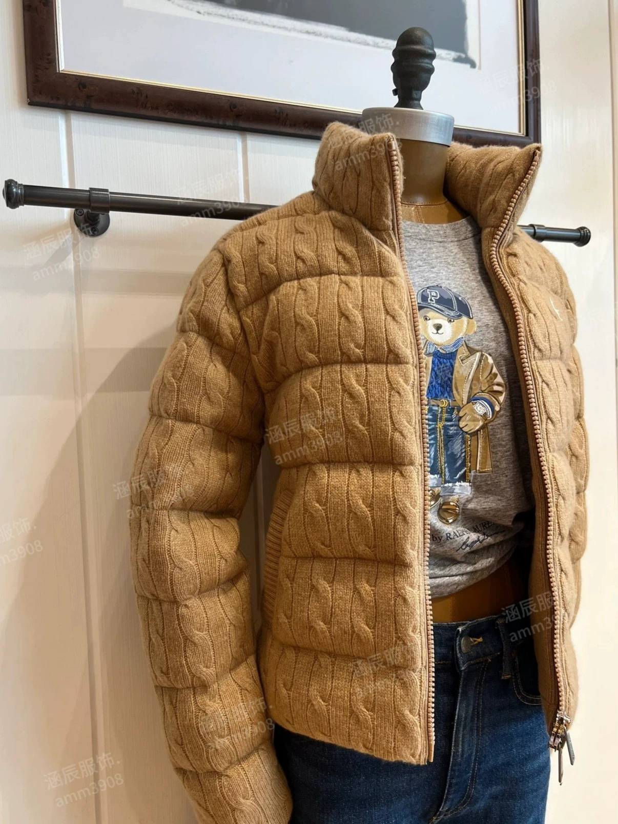 Woolen cashmere knitted down jacket with zipper with down, cotton long-sleeve