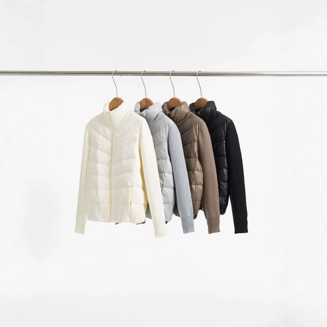 In-stock knitted sleeve spliced down short white duck down jacket for women, autumn and winter solid color duck down warm cardigan jacket