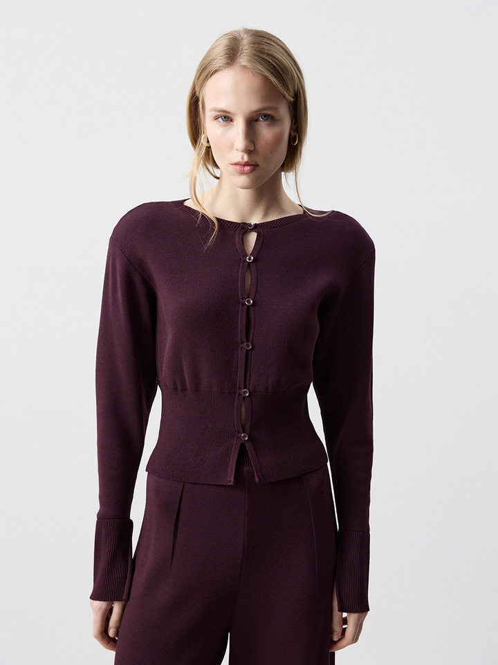 Áo len cardigan nữ cổ tròn dáng ôm thắt eo tay dài cổ tay xẻ, dài áo 50–65 cm — Vàng nhạt, Xanh da trờicolor, màu nâu, màu tím chi tiết 13