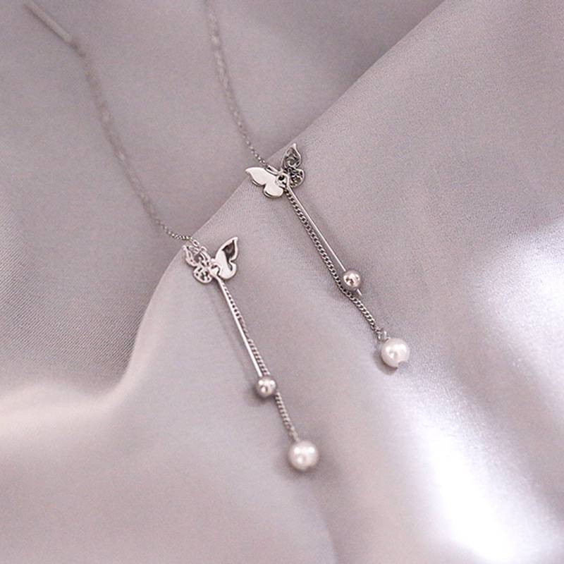 925 plata esterlina modificada cara oreja de plata esterlina línea chica mariposa borla perla pendientes temperamento pendientes largos