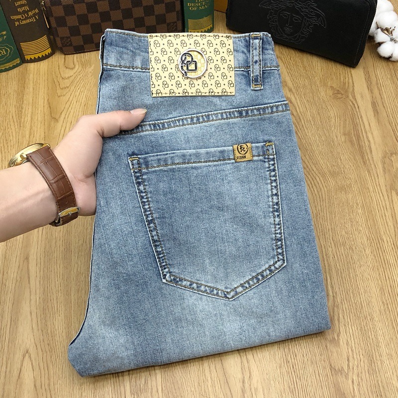 Trendy Men's Light Gray Jeans Slim Fit Straight Leg Long Pants Spring_mkmklike.com