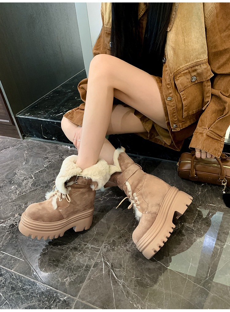 Boot nữ cổ cao ôm bắp chân đế nêm tăng chiều cao 12cm lót lông ấm — mơ 15cm chi tiết 17