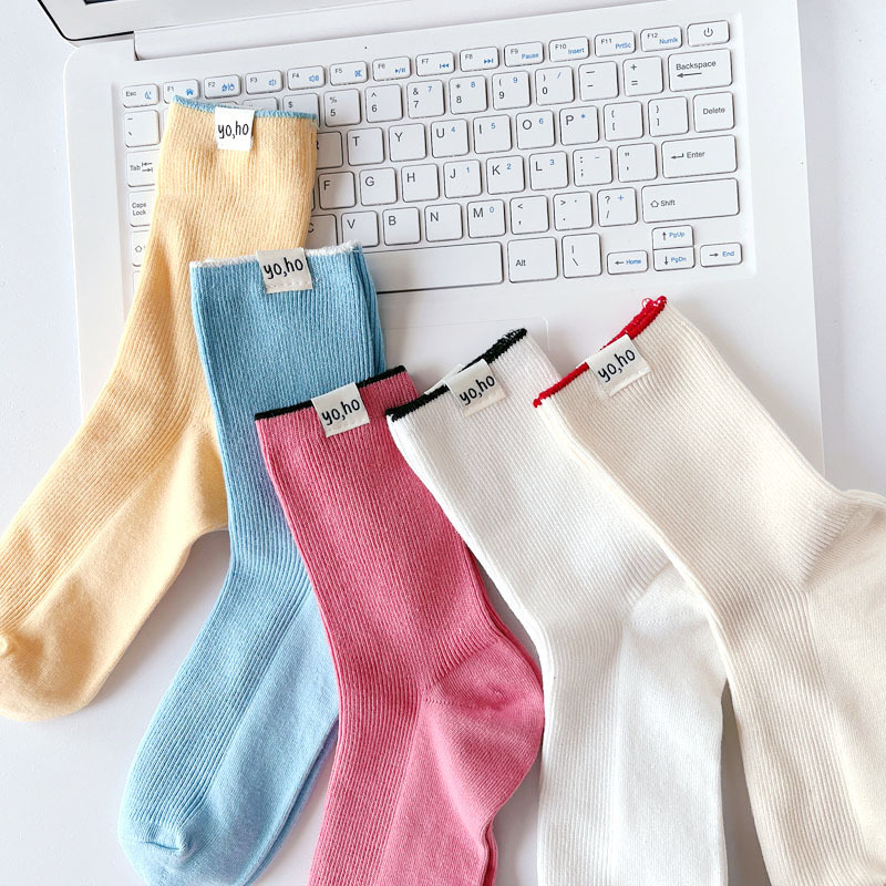 Dopamine tide cream colored children's spring and summer breathable middle tube pile fabric label women's socks, double_voghion.com