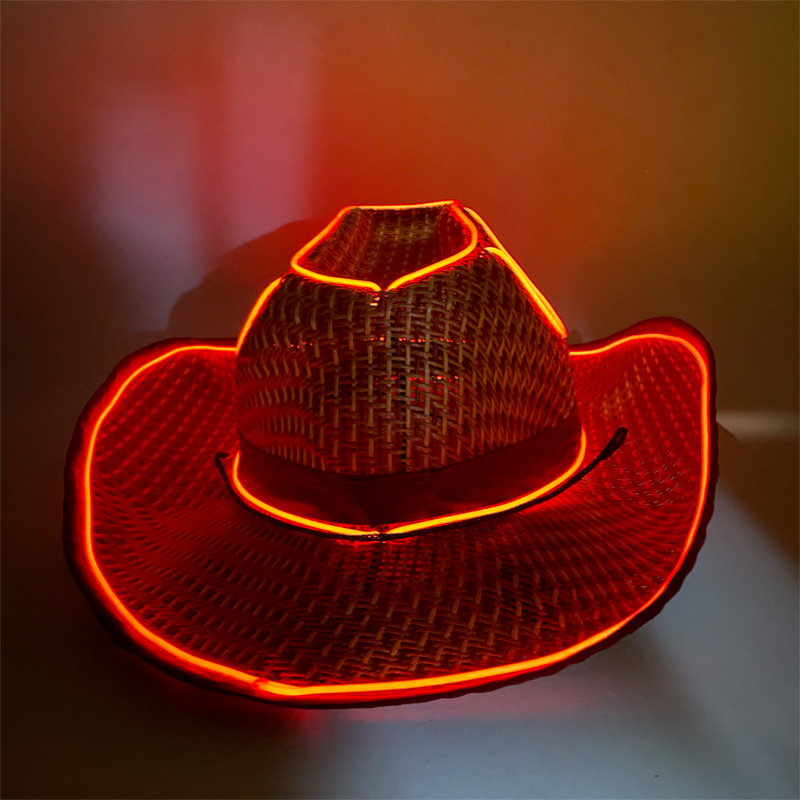 #614-2 3V无线款-草帽发光牛仔帽（翘沿酒红）（红色）