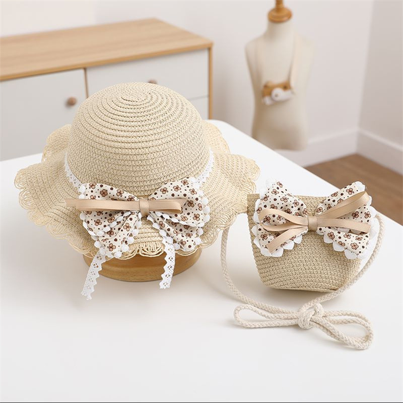Dotted streamer bow wavy edge hat-beige