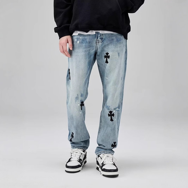 European and American High Street Cross Jeans Men's Hip Hop Casual Retro Trendy Brand Straight Loose Long Trousers Trendy Trousers