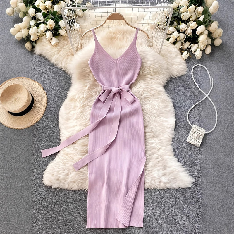 Cross-Border European and American Elegant Casual Elegant V Neck Waist Slimming Look Knitted Dress with Belt Suspender Dress