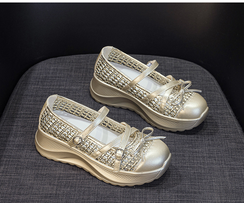 Giày sneaker nữ chunky đế dày dệt kim thoáng khí, phong cách Hàn Quốc, quai chéo, đế dày — Trắng 5097, Vàng 5097, Đen 5097 chi tiết 15