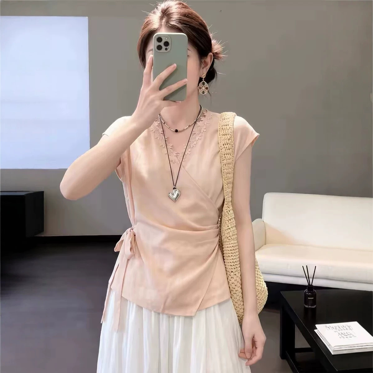 Áo thun nữ tay ngắn phối ren thắt eo phong cách nhẹ nhàng — màu hồng chi tiết 3