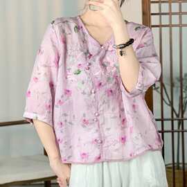 2026夏季新款国风新中式刺绣衬衫上衣女 文艺气质印花套头T恤衫