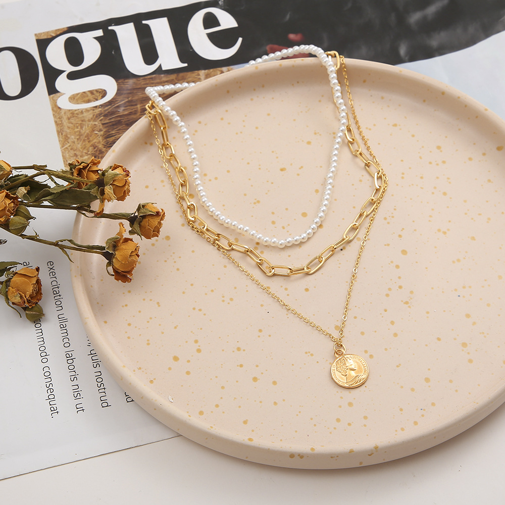 Fashion Portrait Alloy Pearl Plating Layered Necklaces