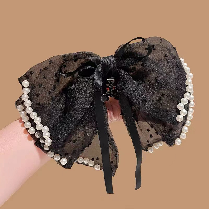 016 черная заколка для хвоста в горошек