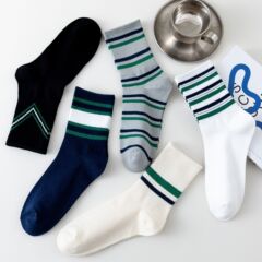 Men's Autumn/Winter New Arrival Mid-Calf Socks Blue and Green Striped Sports Long Socks Cotton Moisture Absorbent Zhuji Socks