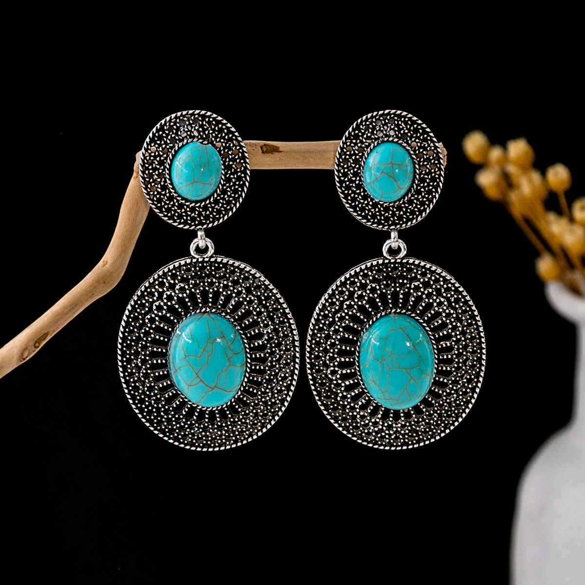 1 Pair Casual Retro Geometric Beaded Alloy Turquoise Drop Earrings display picture 11