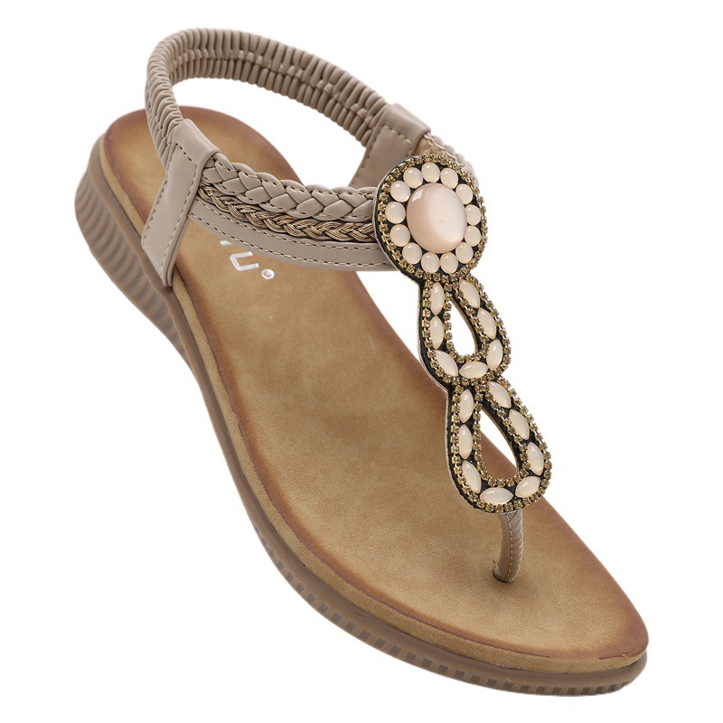En stock 2024 nuevas sandalias europeas y americanas Bohemia rhinestone cabeza redonda cómoda vacaciones junto al mar más tamaño zapatos planos