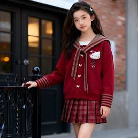 女童海军领毛衣秋冬新款中大童红色新年服小女孩学院风针织衫上衣
