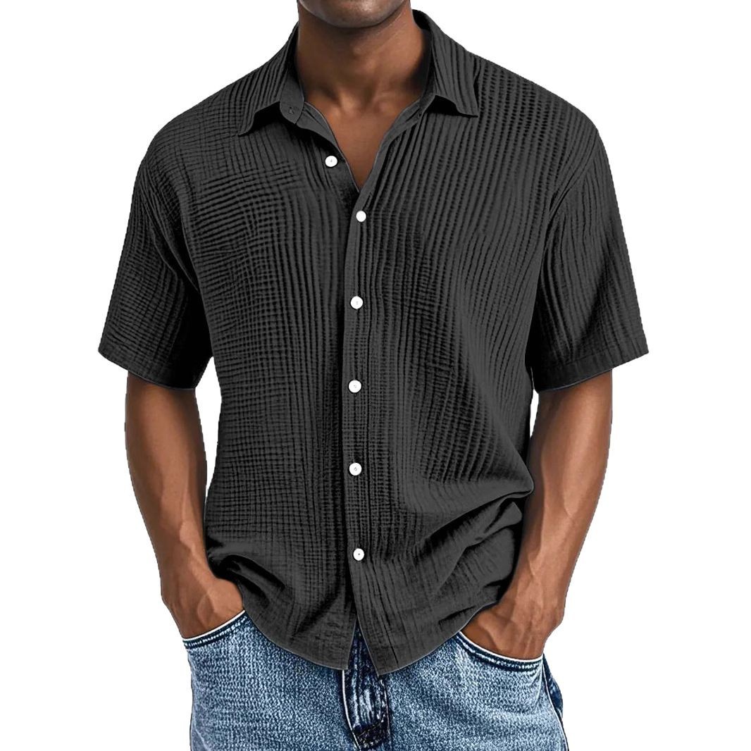 2025-Spring and Summer European and American Amazon Independent Station Men's Short-Sleeved Lapel Shirt Double-Layer Wrinkle Casual Shirt