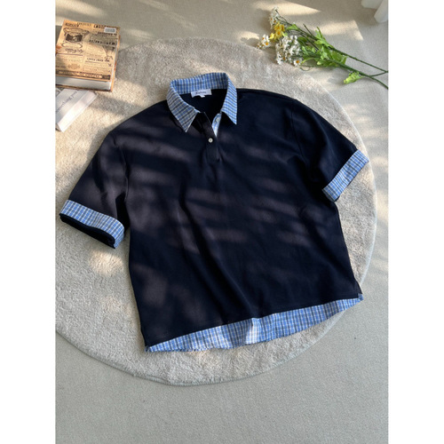 American striped fake two-piece Polo shirt, short-sleeved men and women's summer fashion brand, heavy loose and all-matching couple's half-sleeve T-shirt