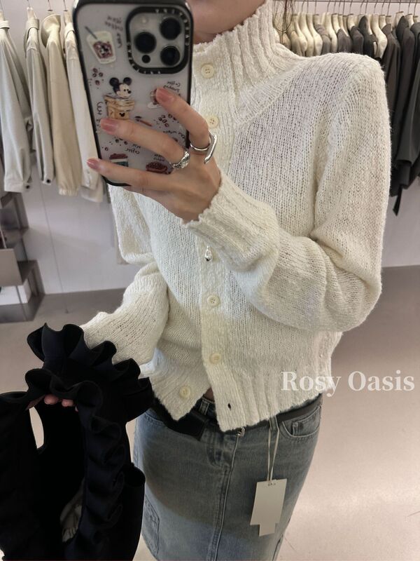 韩系设计感高领毛衣开衫一34%羊毛长袖针织衫外套女慵懒风女P5033|undefined