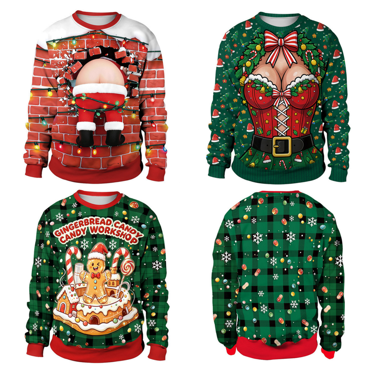 New Christmas-themed novelty Christmas crop top with digital print, round neck sweatshirt, funny long-sleeved top