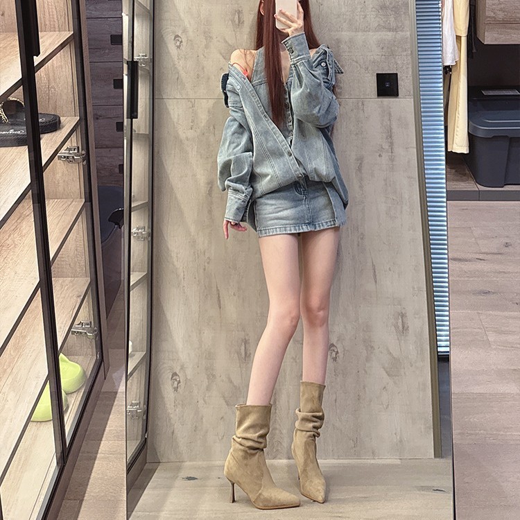 中筒骑士靴女2025秋季新款细跟尖头短靴子显瘦高跟马丁靴堆堆靴子|undefined