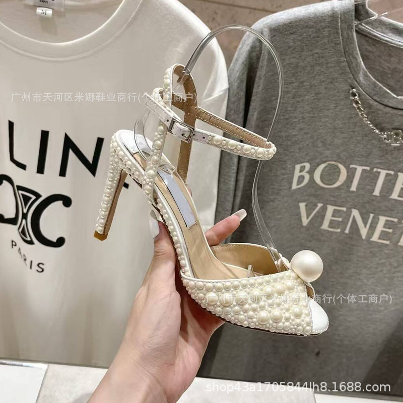 Romantic and delicate sandals stiletto heels with a strap, wedding shoes low-cut for events heels, decorated with pearls