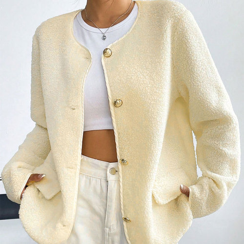 AC672 Western European French Cross-Border Early Spring New Style Plush Material Casual Fashion Loose Solid Color Crew Neck Cardigan Jacket for Women
