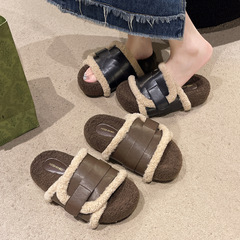 慵懒感皮带扣勃肯拖鞋女秋季防滑松糕棉拖鞋个性毛绒厚底一字拖