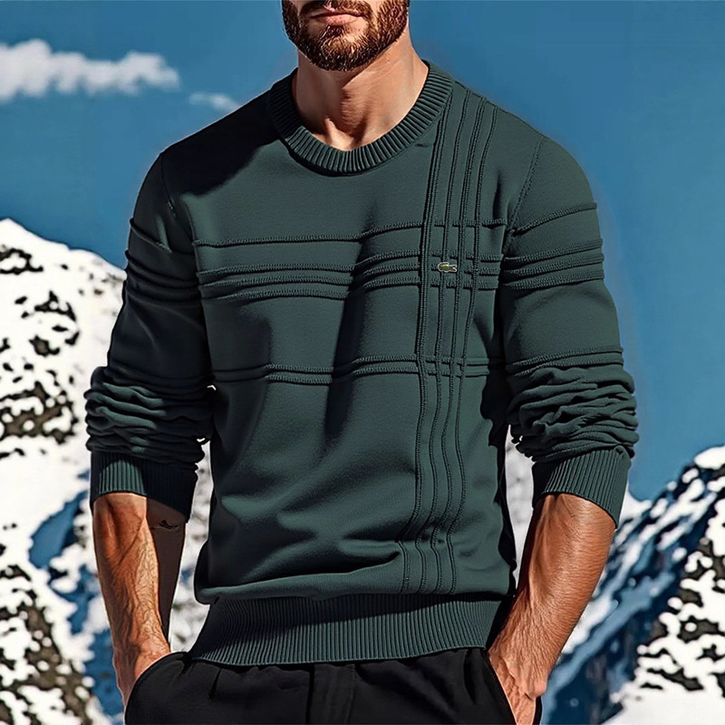 2025 Crocodile Logo Embroider Autumn and Winter New European Size Cross-Border Men's Round Neck Pullover High Quality Pure Color Sweater