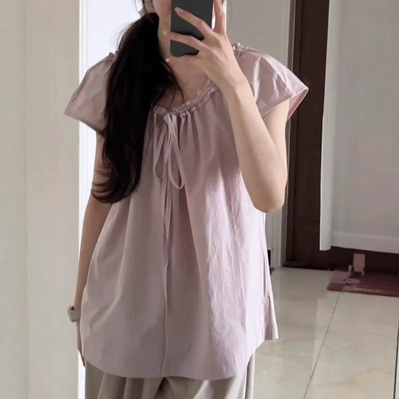 Корейская милая свободная рубашка на шнуровке в ленивом стиле с короткими рукавами, лето 2025, новый стиль, топ с летящими рукавами, утягивающий топ