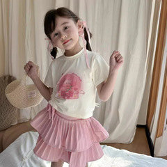 童套裝2024夏款女童抽繩T恤蛋糕蓬蓬裙套裝中大童女寶甜美兩件套