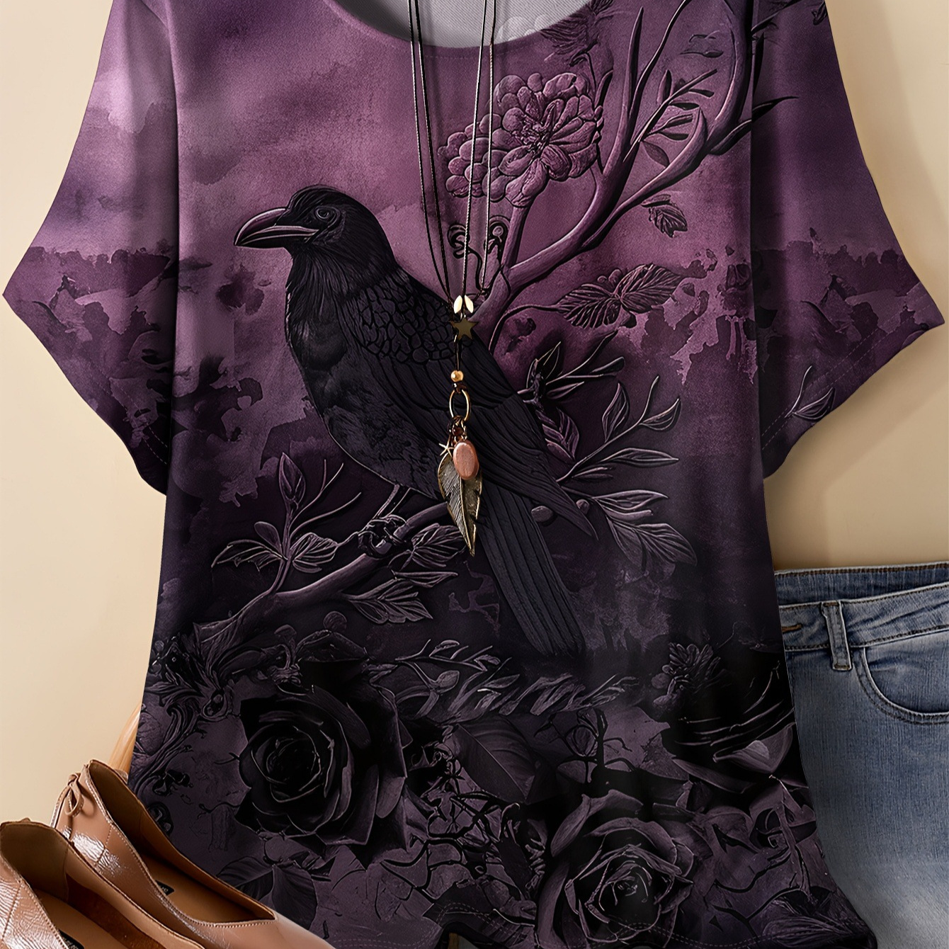 Floral & Crow Print Oversized T-Shirt – Soft Milk Silk Blend Short Sleeve Tee Unisex Oversized Cut_ecoleips.com
