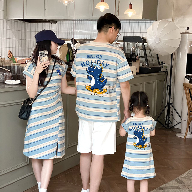Street-Friendly Family Clothing, Summer Family of Three, K-Style, Mother-Child and Mother-Daughter Dress, Mother-Child Short-Sleeved T-Shirt, Baby Family Clothing