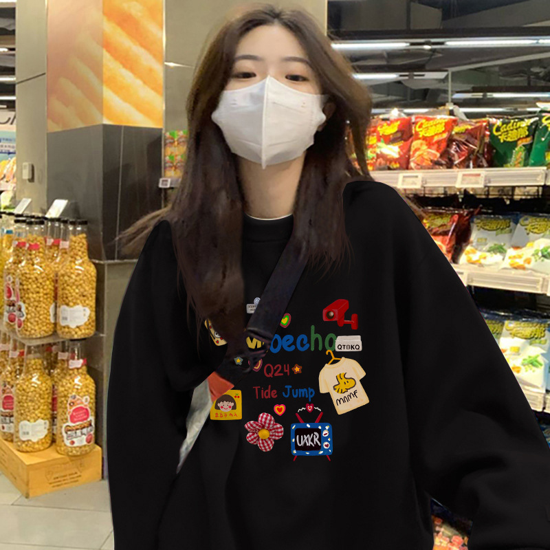 American Black Round Neck Sweatshirt for Women 2025 New Popular Autumn and Winter Velvet Thickeneded Loose Age-Reducing Jacket Top