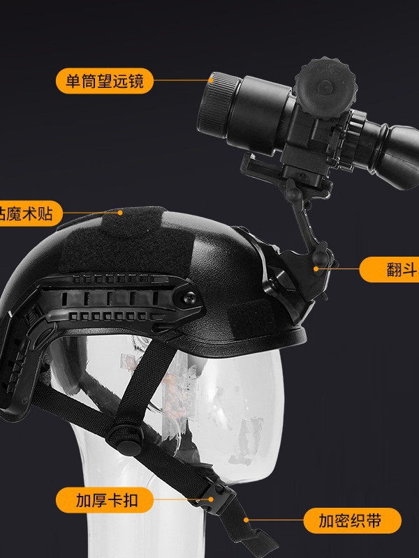 El modelo de imagen térmica T7 se simula con un casco portátil y un dispositivo de visión nocturna se puede ver transparentemente.