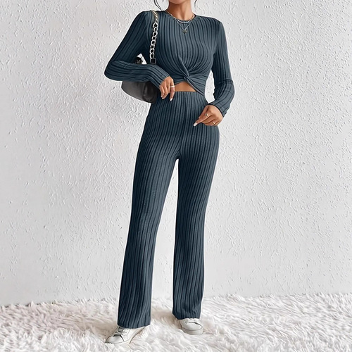 Popular European and American models casual solid color two-piece set with front knotted long-sleeved short top and slim pants set