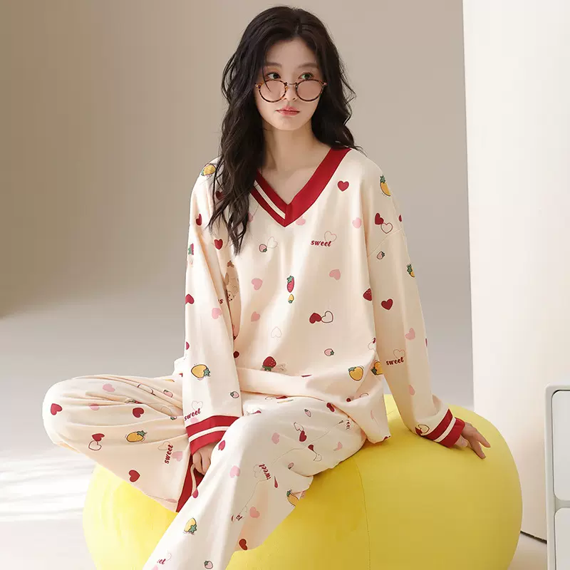 春秋款冬季带胸垫睡衣女长袖纯棉大码甜美全棉2025新款家居服套装