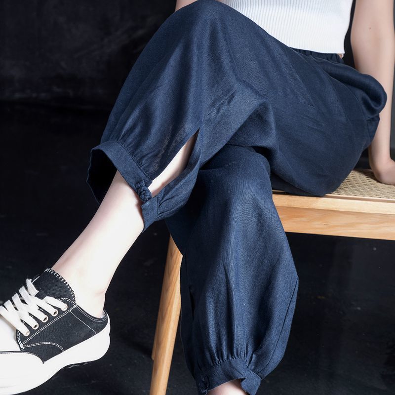 Navy Blue Linen Pants Women's Summer Thin Ice Silk Cotton and Linen Women's Pants High Waist Cropped Hallen Pants Loose Bloomers