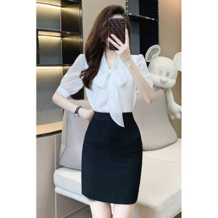 Professional suit Women's Bag Hip Skirt Shirt Dress White-collar Temperament Short-sleeved Chiffon Shirt Front Desk Reception Work Clothes