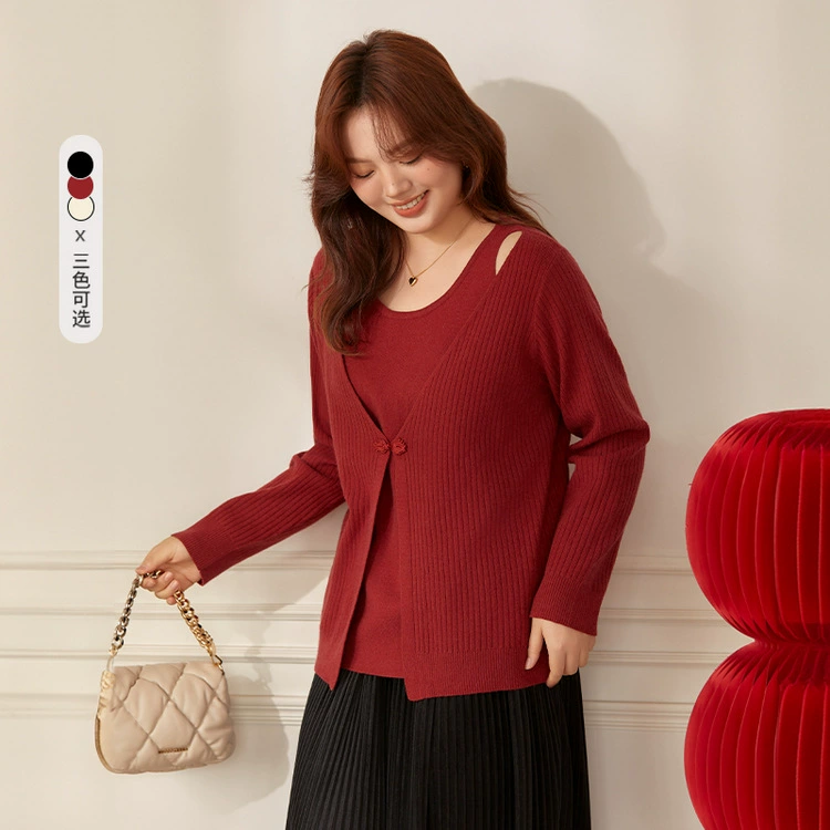 Слепое шоу большой размер женщины сладкий сексуальный секс с открытыми плечами ретро с пуговицами поддельные два свитера жирный mm2024 осенний костюм новый