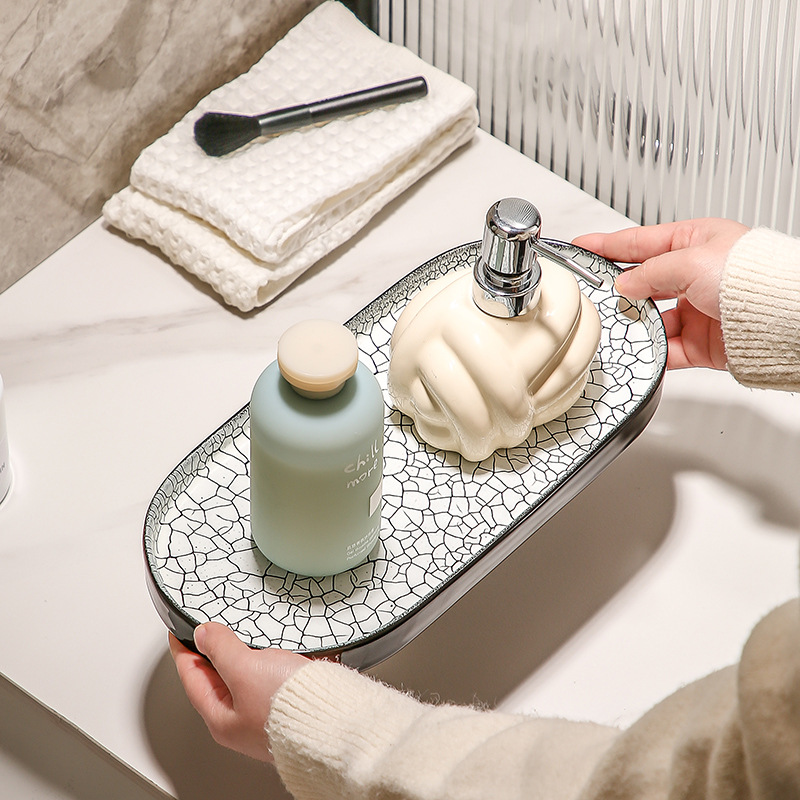 Luz de lujo placa ovalada de cerámica bandeja de baño hogar Baño encimera de almacenamiento bandeja decorativa suministros de hotel plato de cena