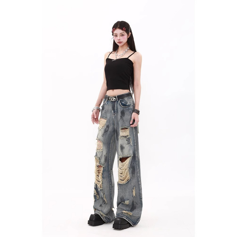 美式复古废土风泼墨破洞牛仔裤女夏季设计感高腰宽松阔腿乞丐裤子|undefined