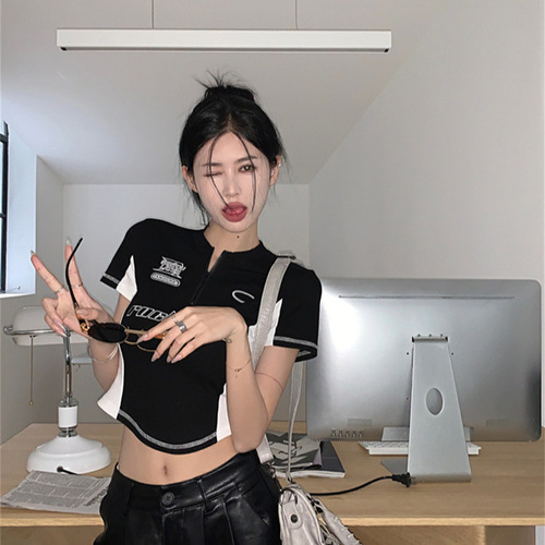 American Style Spicy Girl Functional Style Striped Contrast Print Embroidered Retro Crew Neck Slimming Braless Zipper Top for Women