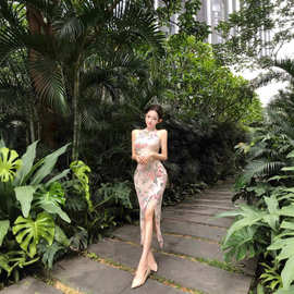 夏季国风新中式印花挖肩挂脖连衣裙女开叉裙修身收腰显瘦包臀长裙