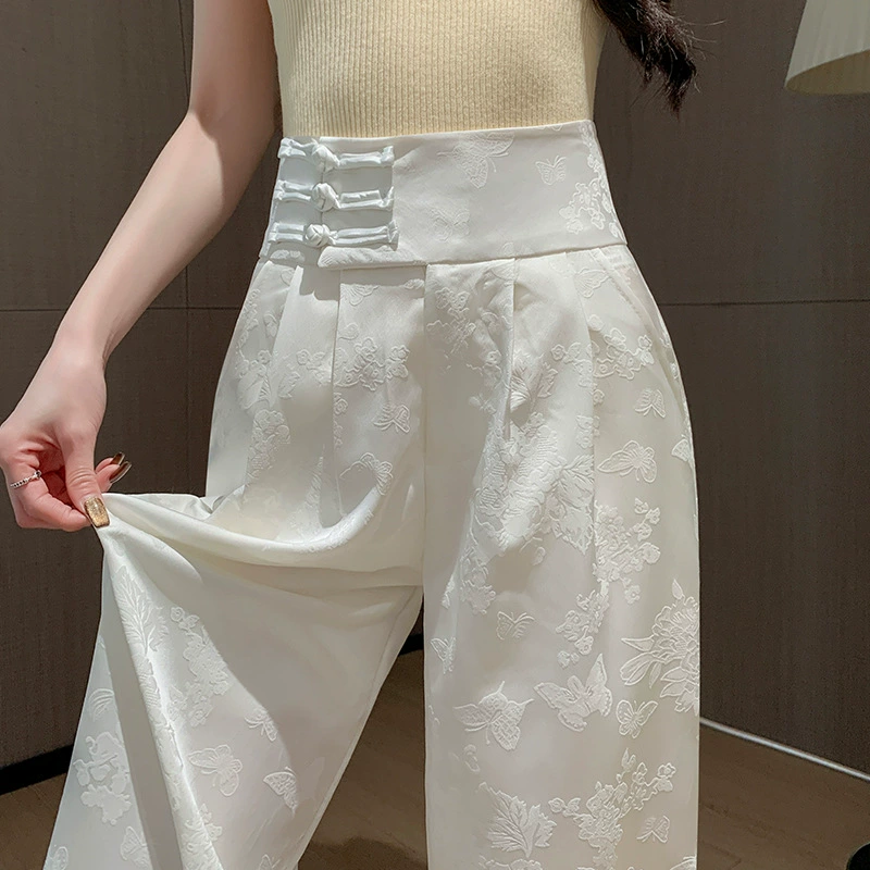 Новый китайский стиль, пряжка из ледяного шелка, большие брюки, широкие брюки, женские весенние и летние дикие повседневные брюки с высокой талией